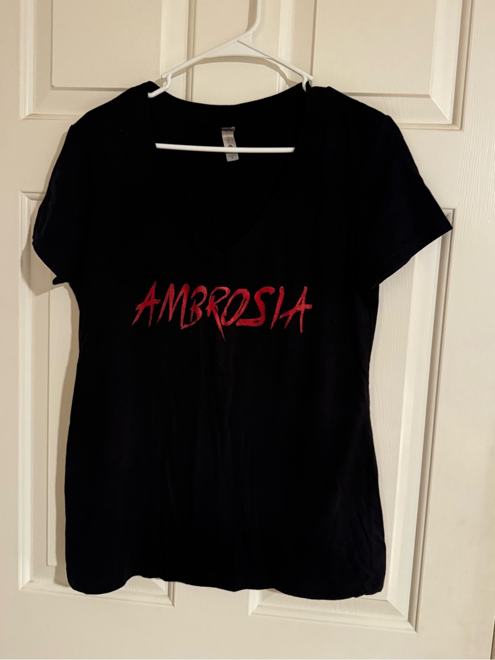 Black V‑Neck Tee with Red Ambrosia Script